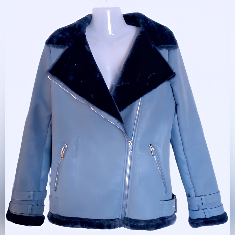 Missguided Light Blue Faux Leather Shearling Jacket - Size US 0
